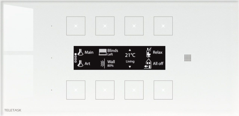 AURUS OLED PLUS, szklany front, biały (technologia pojemnościowa - 8 pól dotykowych, 8xLED/wyśw. OLED/IR/buzzer/T°sen.), montowany w standardowej puszce dla paneli Aurus lub puszce dla paneli Latus