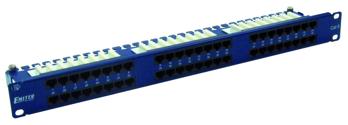 Panel 19", 48xRJ45 UTP kat.6 (1U) z półką, niebieski