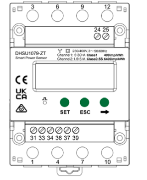 Licznik energii DHSU1079-ZT, 3-fazowy, 3p4w; wyświetlacz LCD; pomiar bezpośredni do 80A lub półpośredni z przekładnikami o prądzie wtórnym 5A lub 1A (brak w zestawie); komunikacja RS485; montaż na szynie TH, dla falowników Huawei
