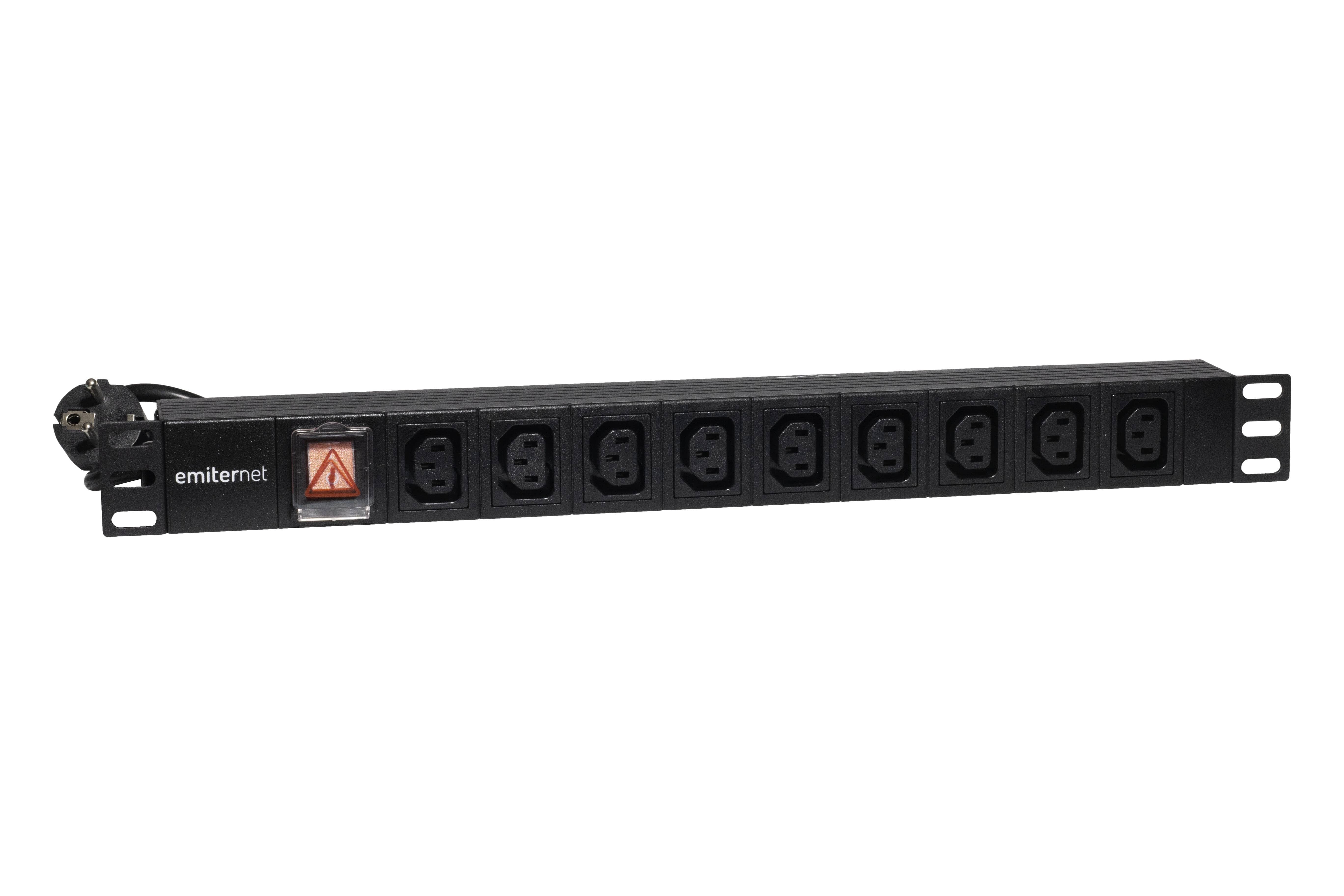 Listwa zasilająca standard EmiterNet 19" 9 gn. IEC320 C13 10A, wtyk uni-schuko, kabel 2 m, wyłącznik