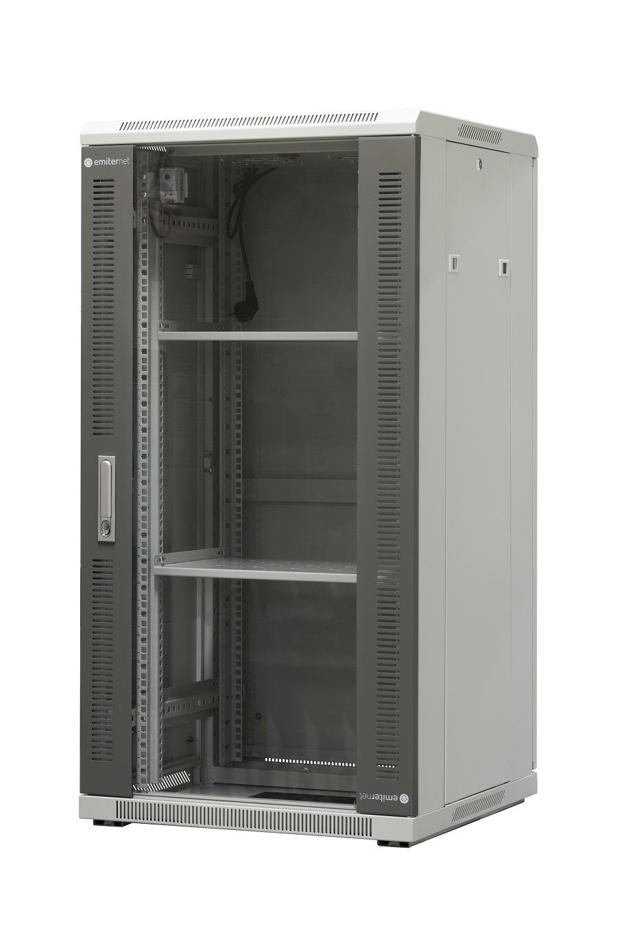 Szafa ramowa stojąca EmiterNet Top, 24U, drzwi przód blacha/szkło, 600x600x1180mm (szer./gł./wys.) (w zestawie: panel 2 wentylatorowy z termostatem, 2 półki, komplet śrub montażowych)