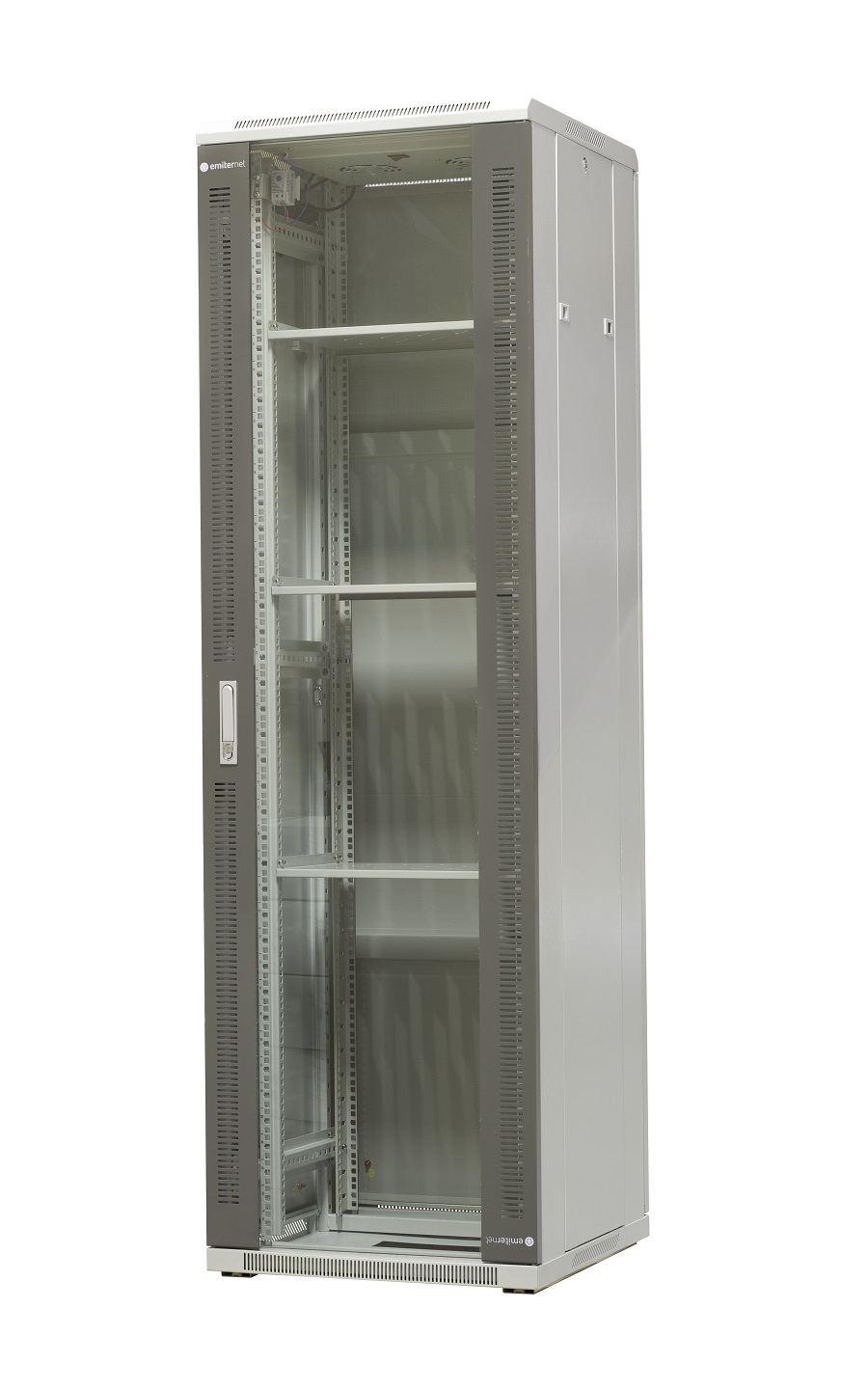 Szafa ramowa stojąca EmiterNet Top, 42U, drzwi przód blacha/szkło, 600x600x1980mm (szer./gł./wys.) (w zestawie: panel 2 wentylatorowy z termostatem, 3 półki, komplet śrub montażowych)