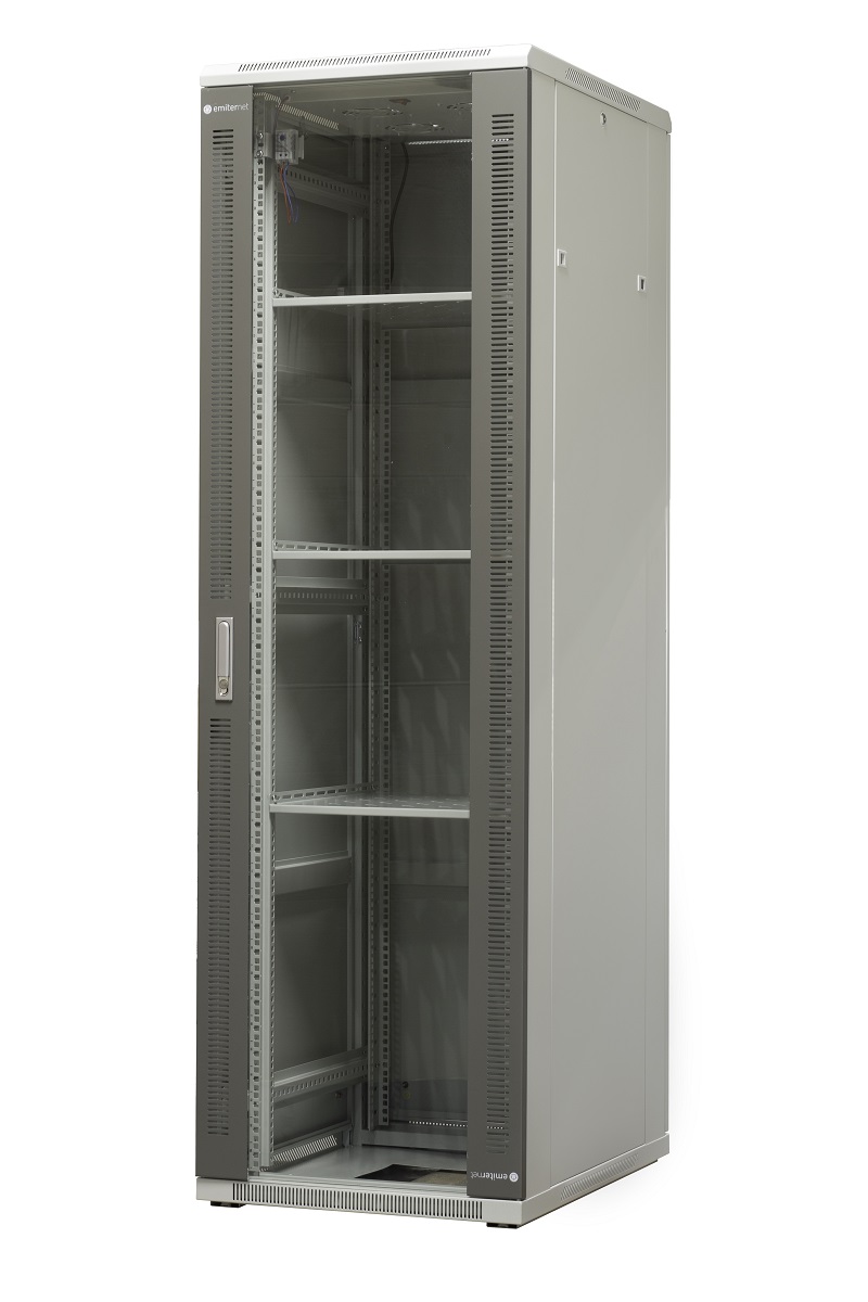 Szafa ramowa stojąca EmiterNet Top, 42U, drzwi przód blacha/szkło, 600x800x1980mm (szer./gł./wys.) (w zestawie: panel 4 wentylatorowy z termostatem, 3 półki, komplet śrub montażowych)
